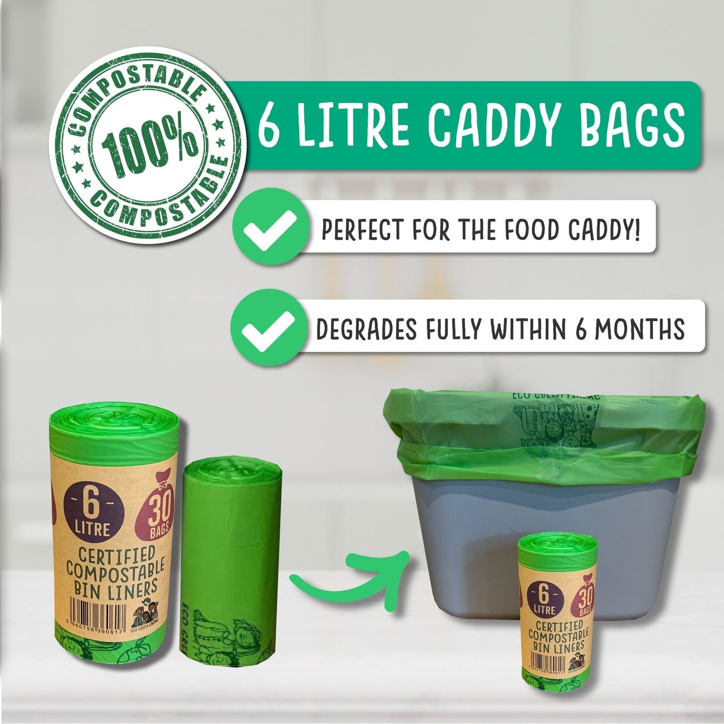 6 Litre Compostable Caddy Bags | 6 roll of 30 bags | Eco Green Living