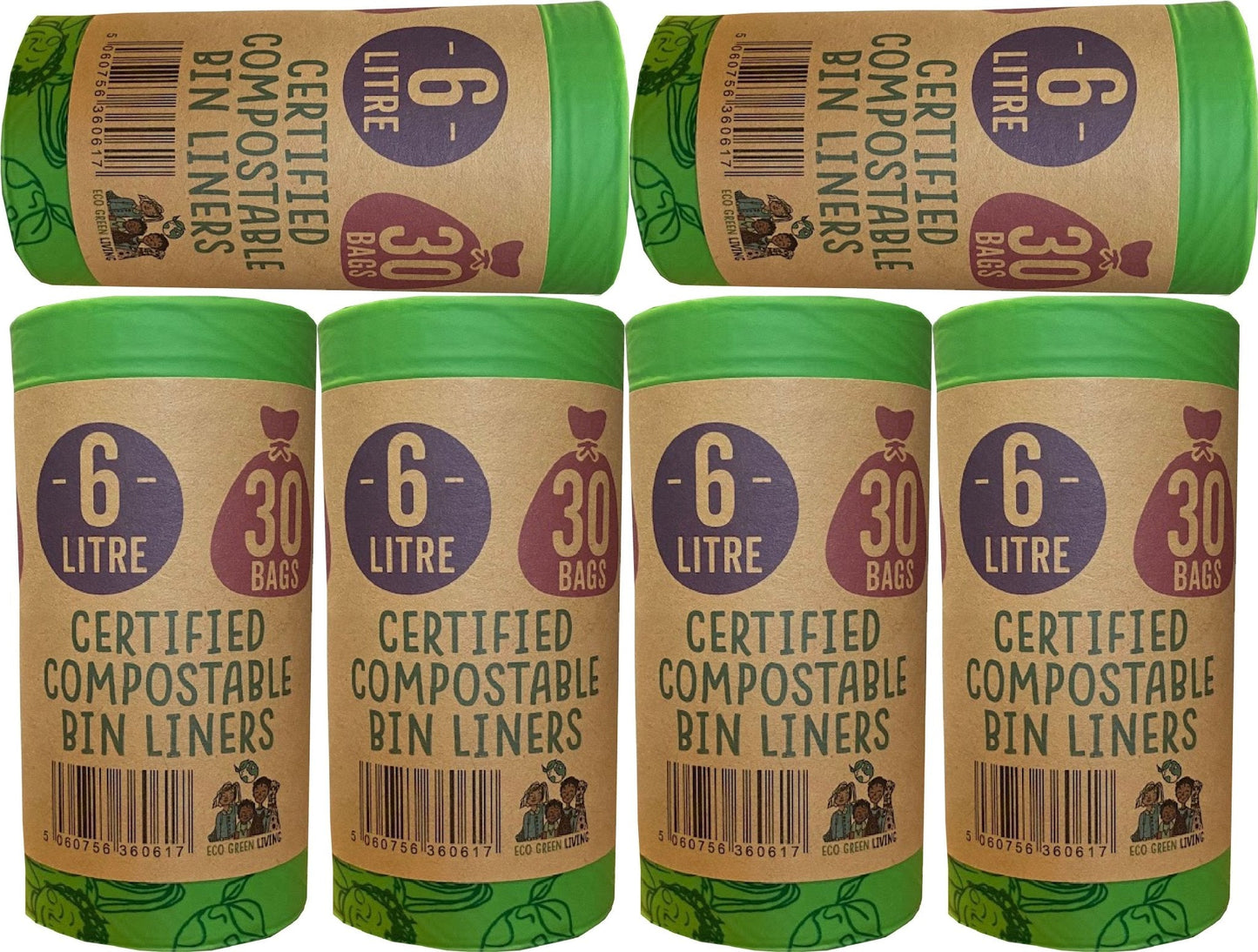 6 Litre Compostable Caddy Bags | 6 roll of 30 bags | Eco Green Living