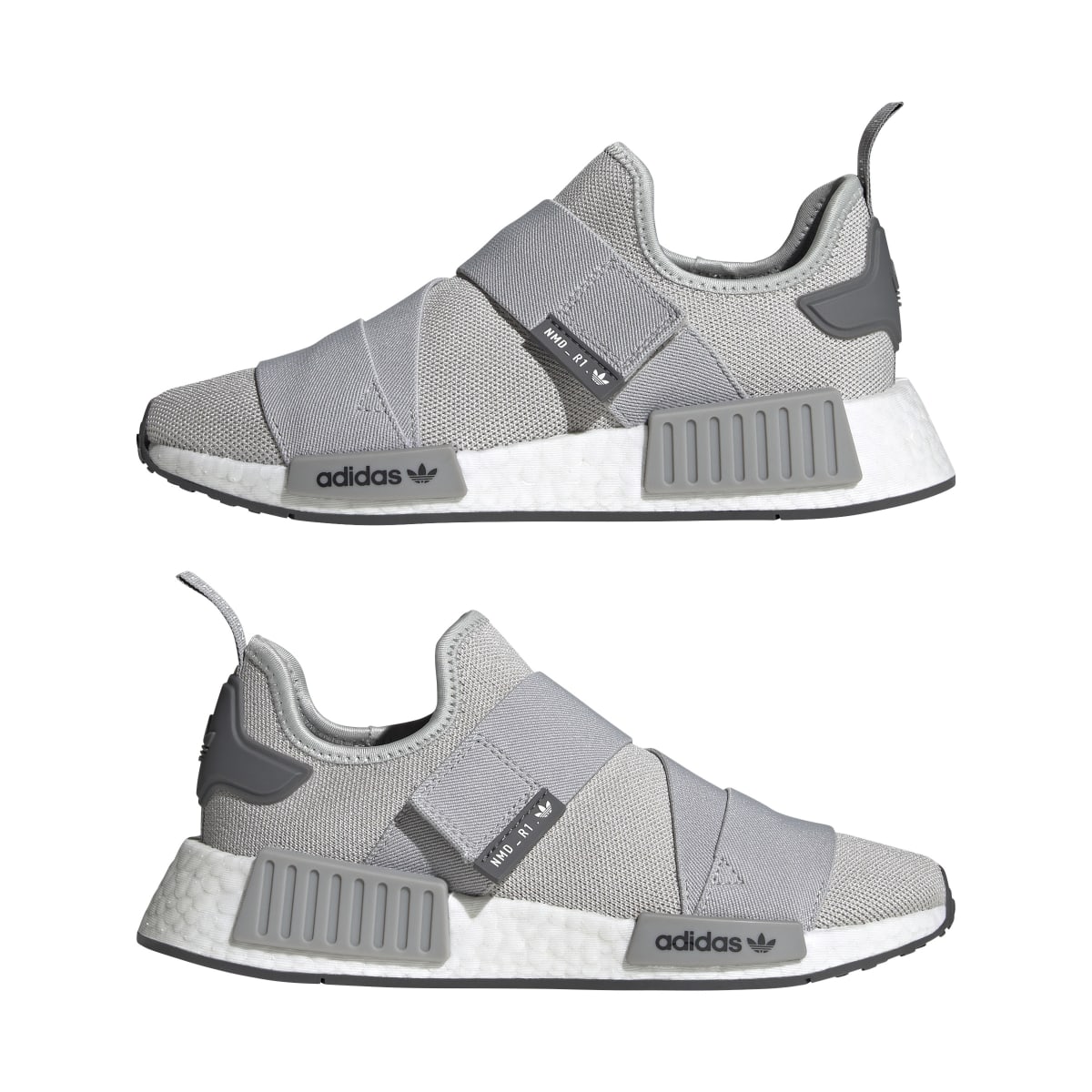 ADIDAS GW9470 NMD_R1 STRAP WMN'S (Medium)  Gray/White/Gray Stretch Knit Running Shoes