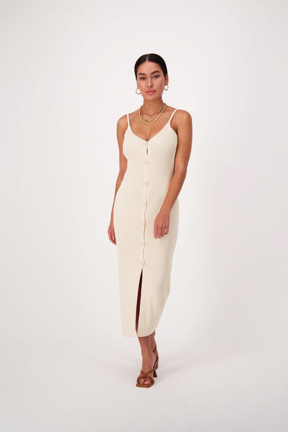 Ribbed Button Front Dress Cream