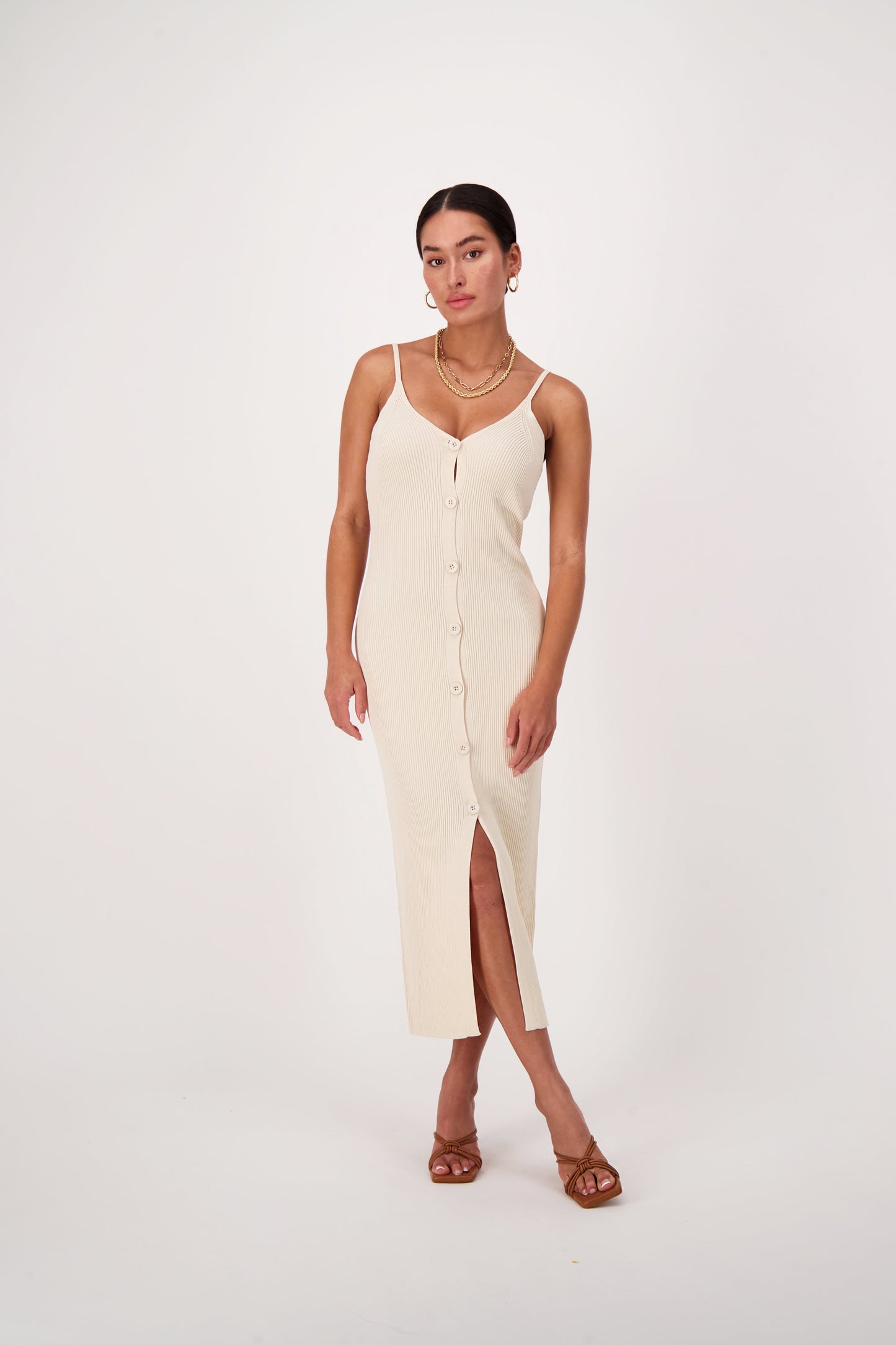 Ribbed Button Front Dress Cream