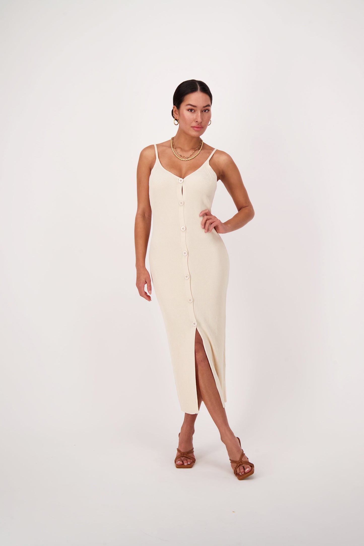 Ribbed Button Front Dress Cream