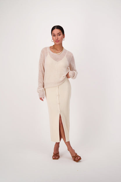 Ribbed Button Front Dress Cream