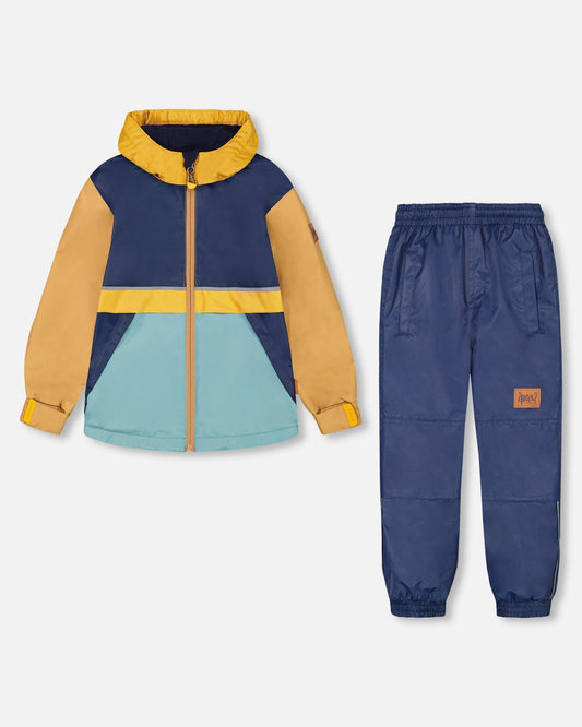 Two Piece Hooded Coat And Pant Mid-Season Set Colorblock Navy, Blue And Yellow