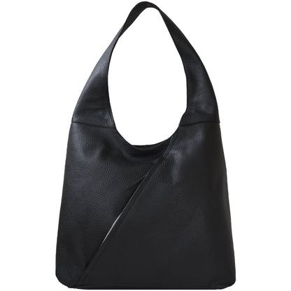 Black Zip Leather Shoulder Hobo Bag