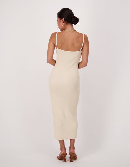 Ribbed Button Front Dress Cream