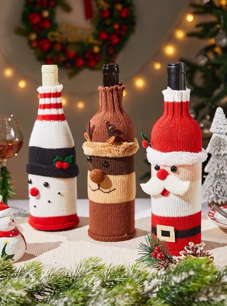 Cute Knitted Christmas Wine Bottle Cover Sleeves Set of 3 Pcs ( $10 Each ) for Table Setting