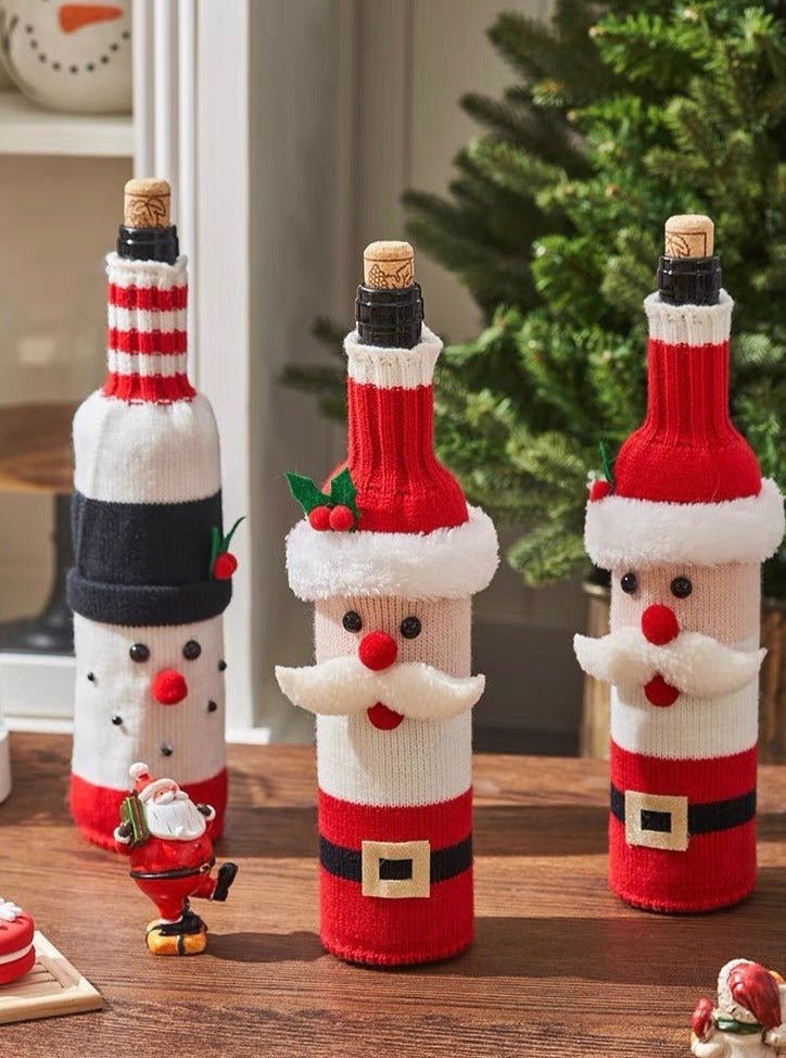 Cute Knitted Christmas Wine Bottle Cover Sleeves Set of 3 Pcs ( $10 Each ) for Table Setting