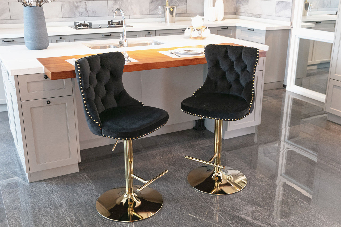 Set of 2 Modern A Velvet Swivel Stools