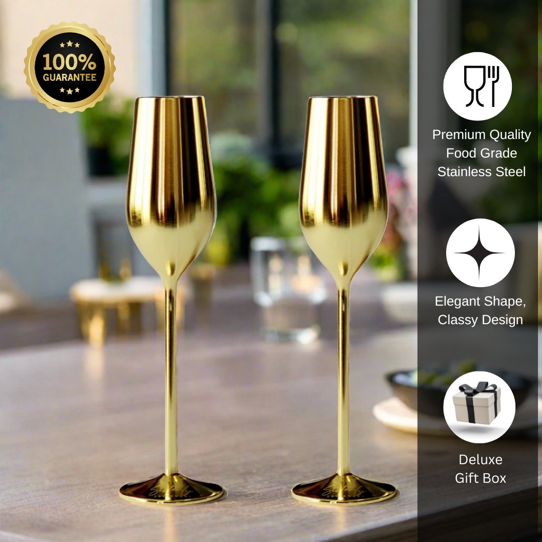 Gold Unbreakable Stainless Steel Champagne Flutes, Set of 2