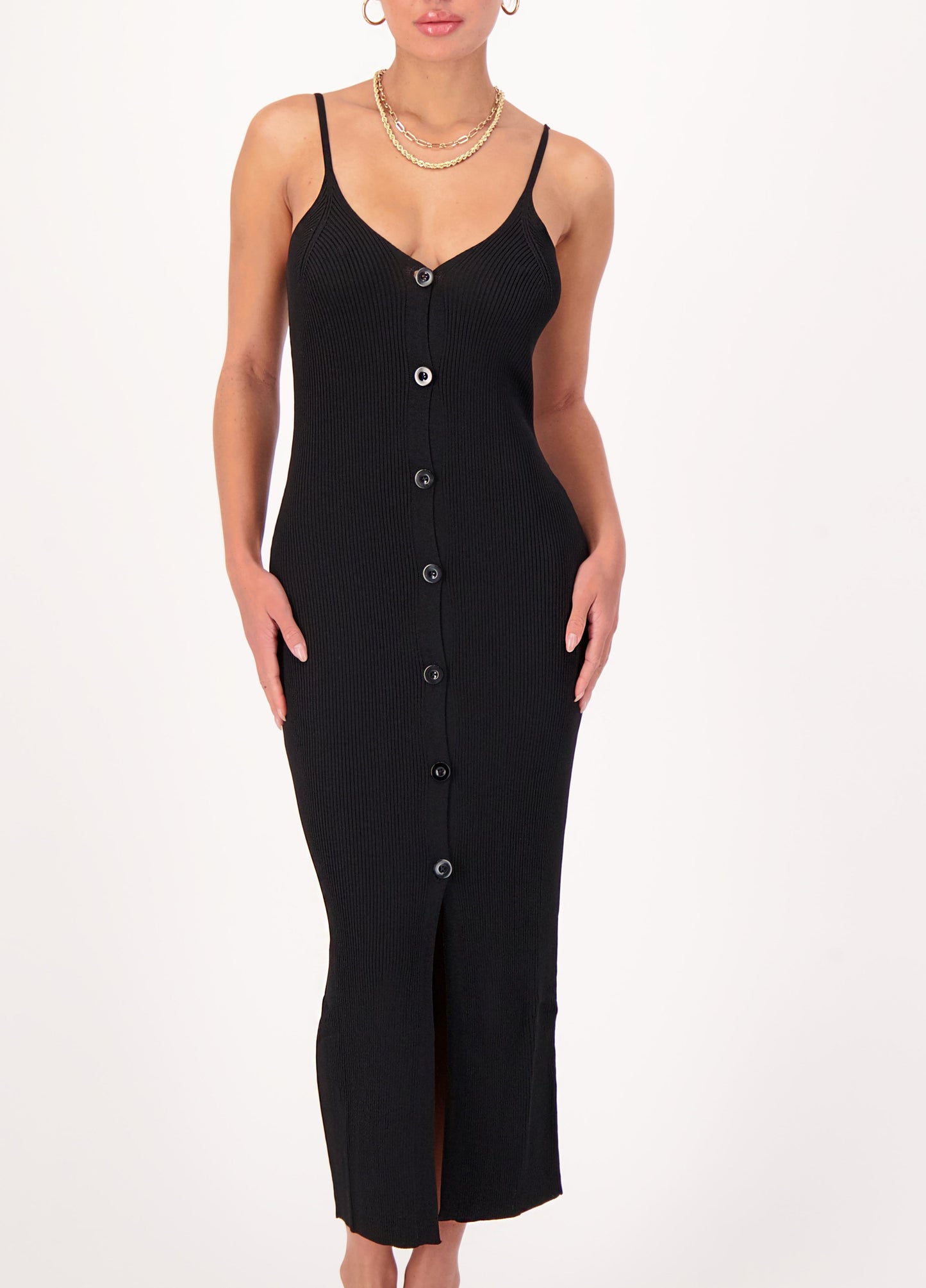 Ribbed Button Front Dress Black