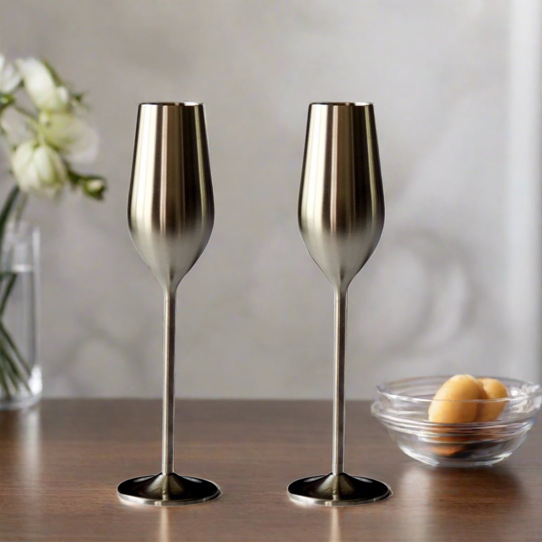 Silver Unbreakable Stainless Steel Champagne Flutes, Set of 2