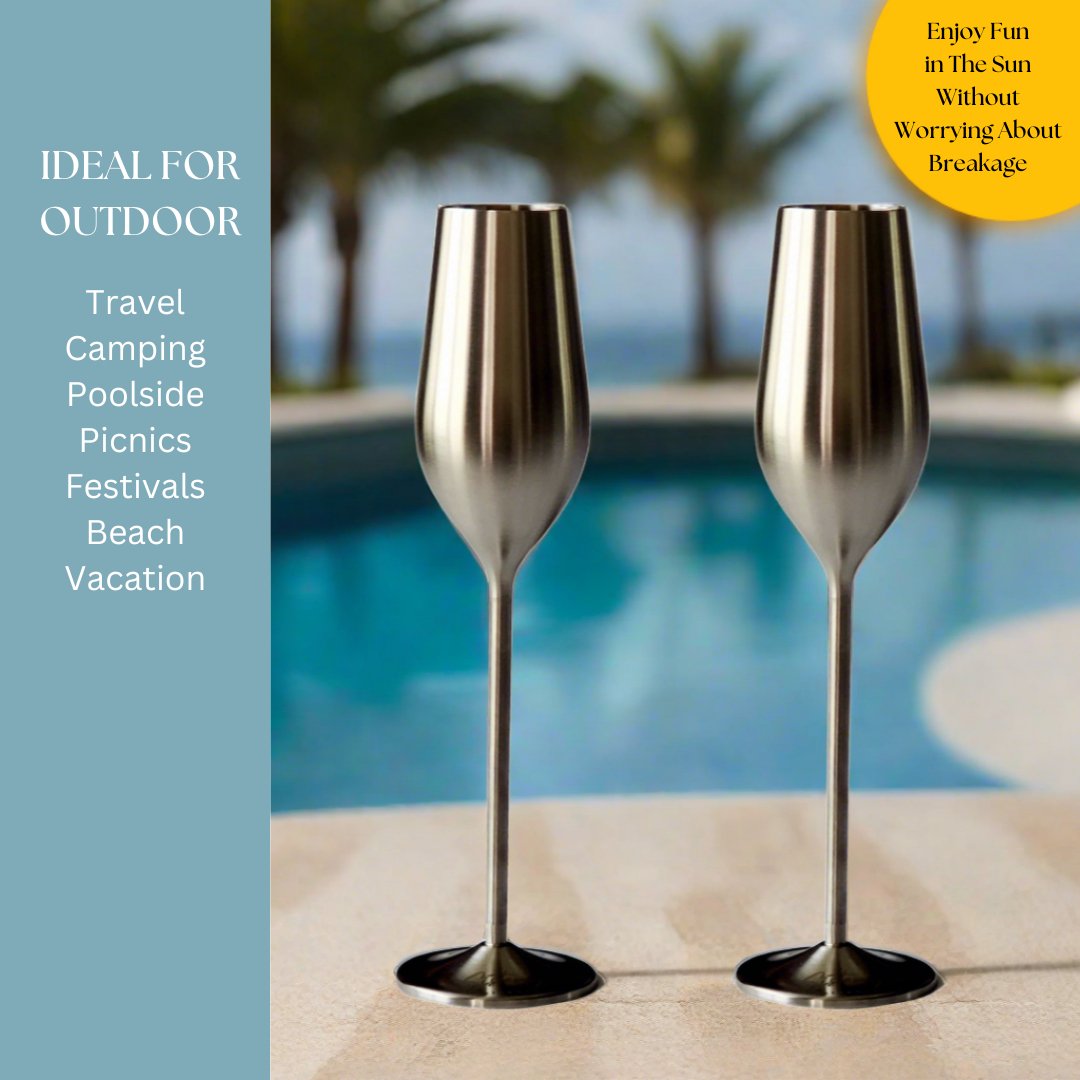 Silver Unbreakable Stainless Steel Champagne Flutes, Set of 2