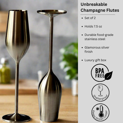 Silver Unbreakable Stainless Steel Champagne Flutes, Set of 2