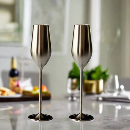 Silver Unbreakable Stainless Steel Champagne Flutes, Set of 2