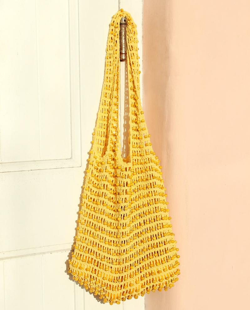 Karma Wooden Beads Crochet Bag in Pale Yellow