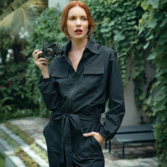 Amelia Recycled Travel Jumpsuit, in Black