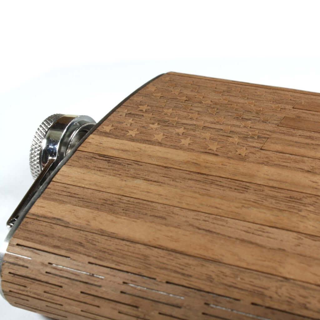 6 oz Wooden American Flag Hip Flask in Black Walnut