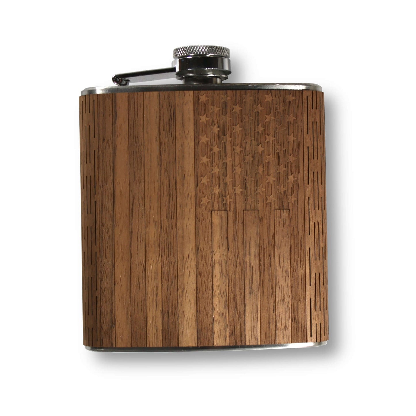 6 oz Wooden American Flag Hip Flask in Black Walnut