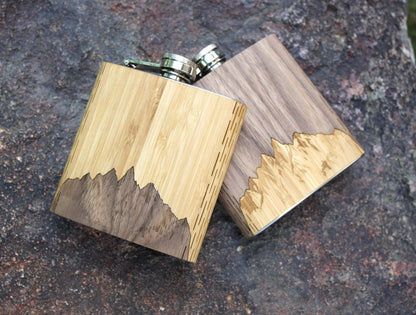 6 oz. Wooden Hip Flask (Sawtooth Mountains in Bamboo & Black Walnut)