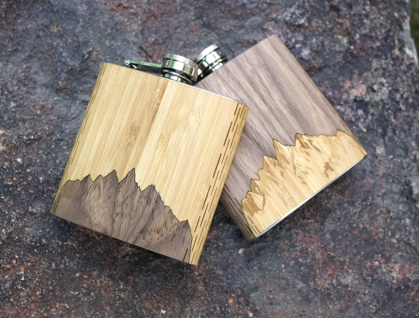 6 oz. Wooden Hip Flask (Sawtooth Mountains in Bamboo & Black Walnut)