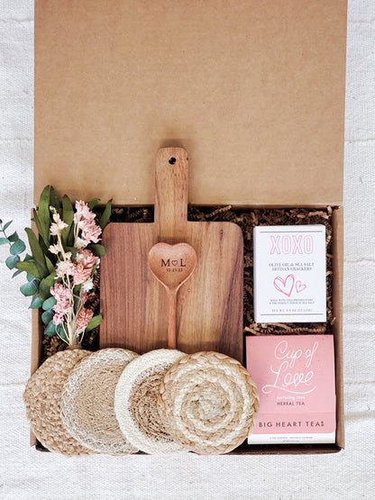 Monogrammed Love Gift Box With Wood board, Wood Spoon, Tea And Cookies