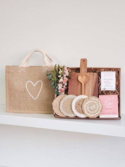 Love Gift Box With Wood board, Wood Spoon, Tea And Cookies - Rectangular