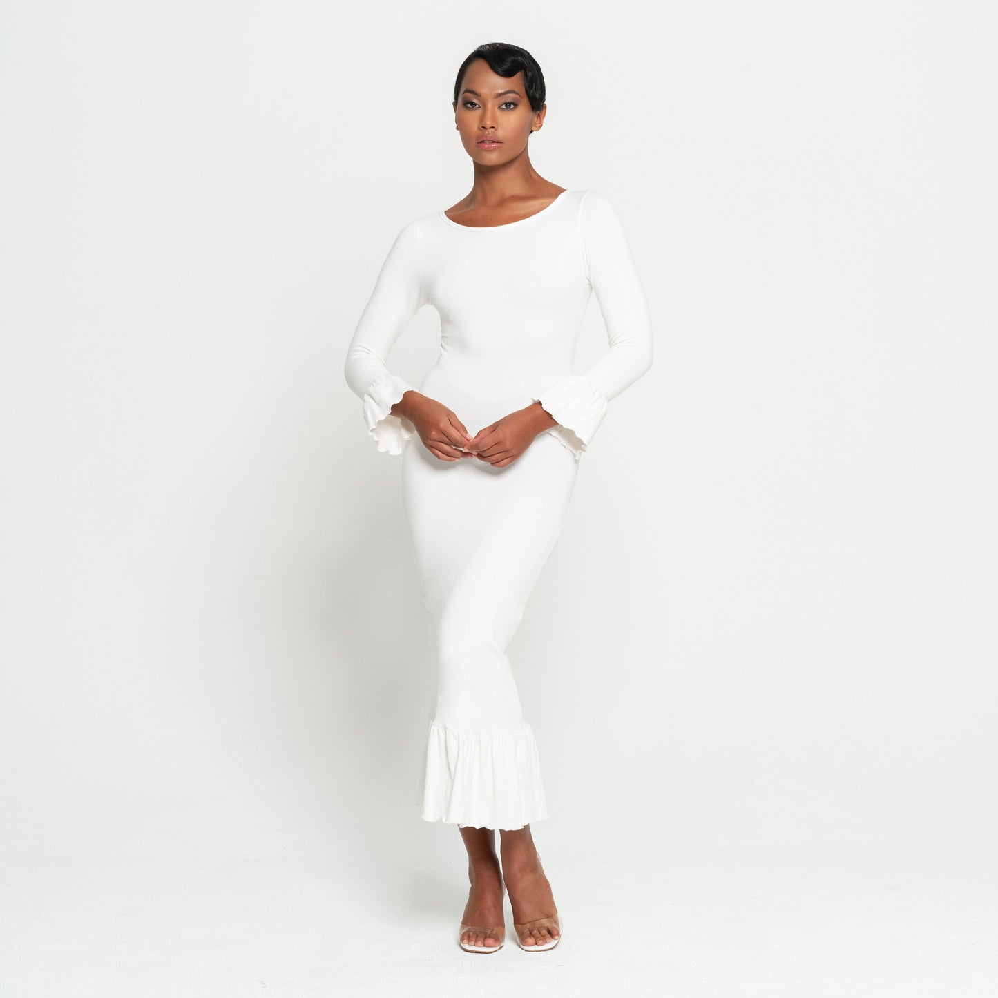 MARJORIE Bamboo Ruffle Dress, in Off-white