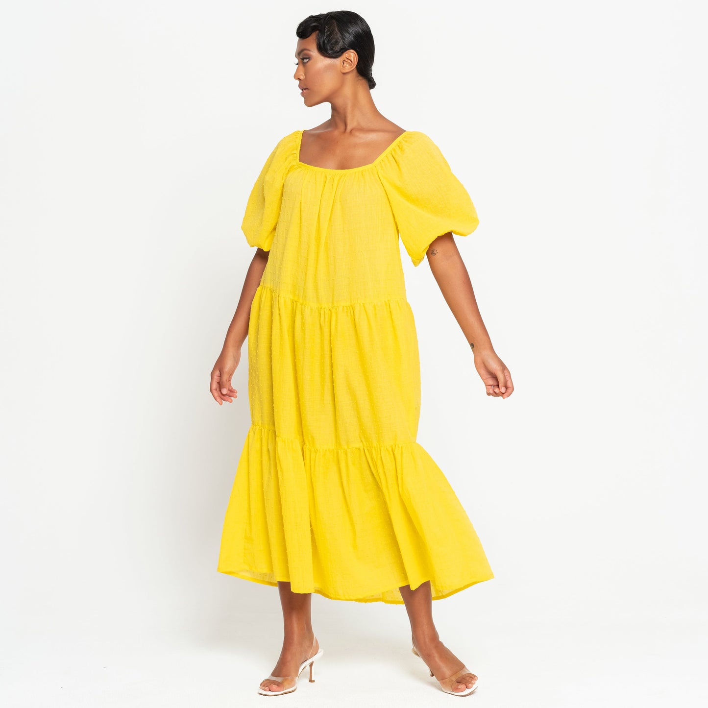 ROSEMARY Dotted Cotton Dress, in Sunflower Yellow