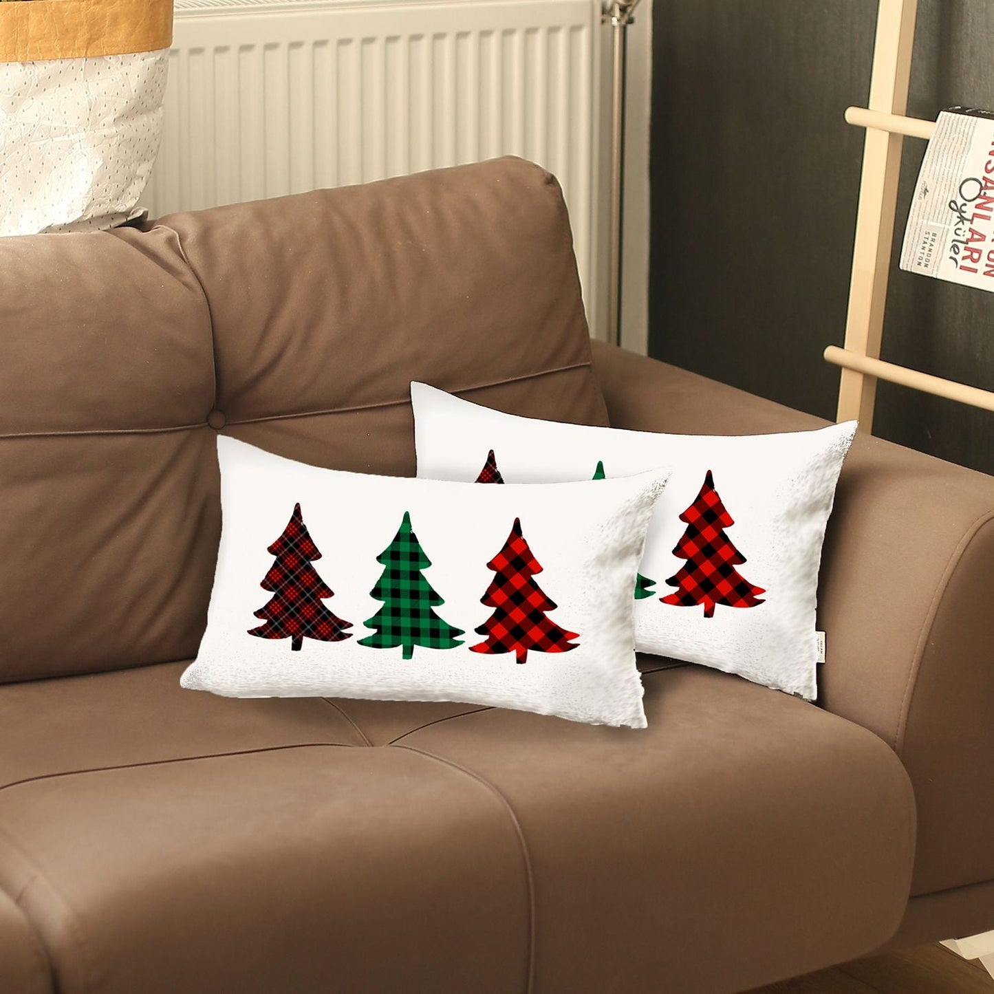 Christmas Tree Decorative Throw Pillow Set of 2 Lumbar 12" x 20" White & Red for Couch, Bedding