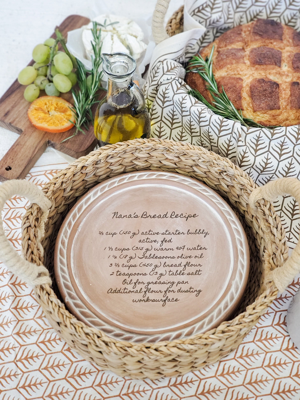 Personalized Bread Warmer & Basket Gift Set with Tea Towel - Recipe Round
