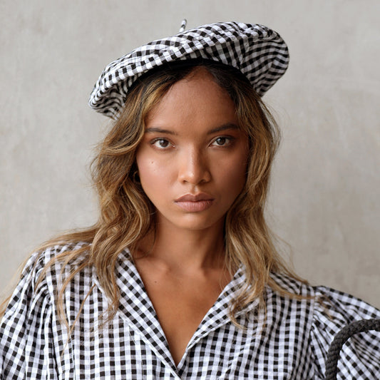 Simone Gingham Beret Hat, in Black