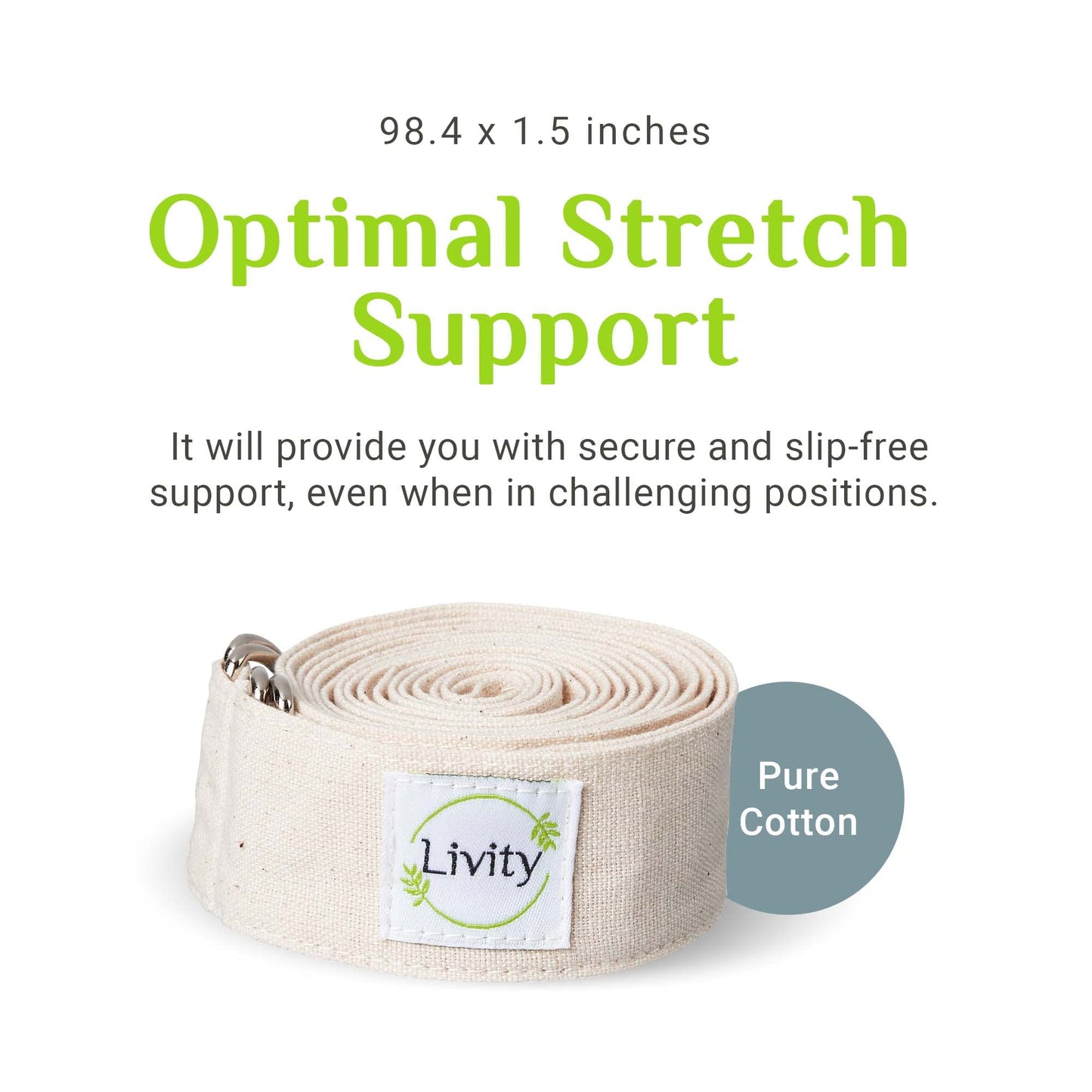 Livity Yoga - Pure Cotton Yoga Strap, 2-in-1 Stretch Strap and Yoga Mat Strap Carrier, Adjustable, Slip-Free, and Machine-Washable, 1.5 Inches wide x 7 Feet long