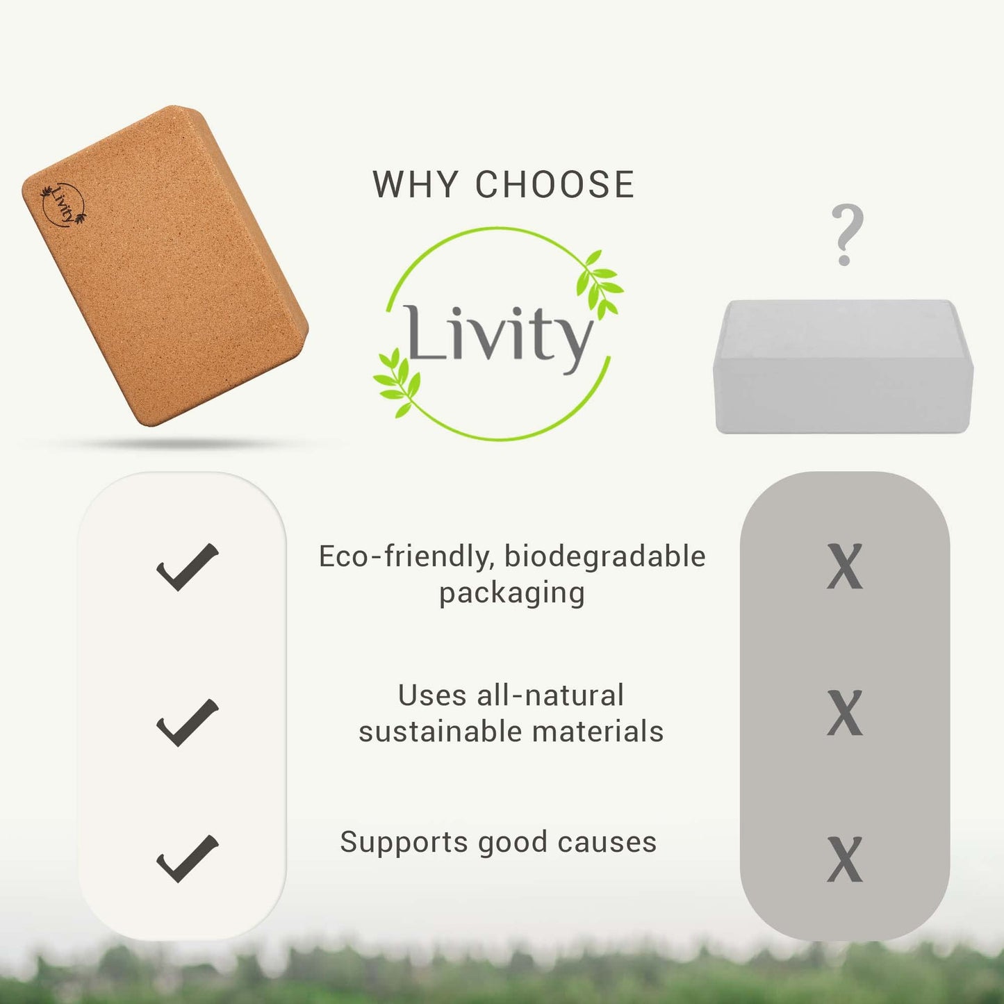 Livity Yoga - Cork Yoga Block, Natural Cork Block, Resilient Cork Exercise Block for Balance and Alignment During Stretching, Pilates, & Meditation, 9 x 6 x 3 inches
