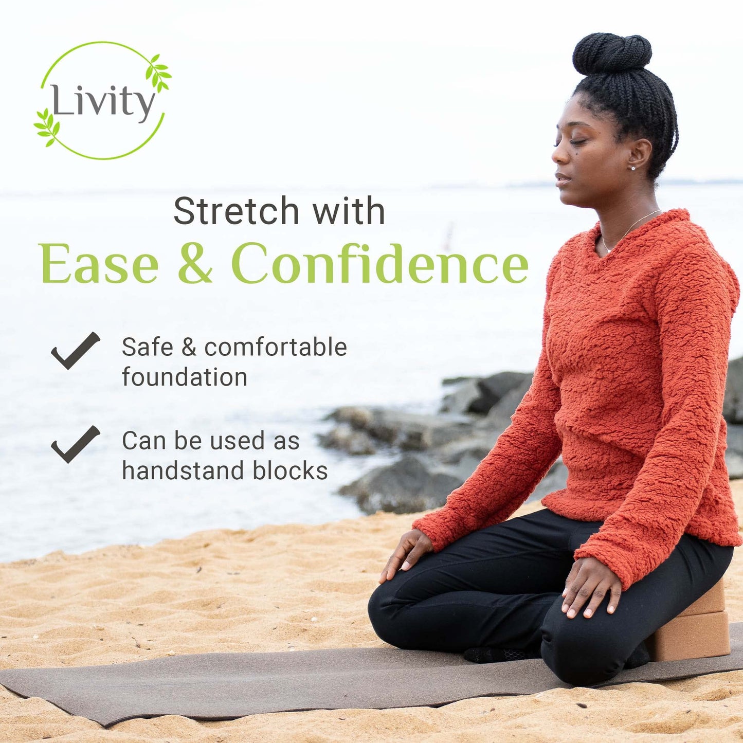 Livity Yoga - Cork Yoga Block, Natural Cork Block, Resilient Cork Exercise Block for Balance and Alignment During Stretching, Pilates, & Meditation, 9 x 6 x 3 inches