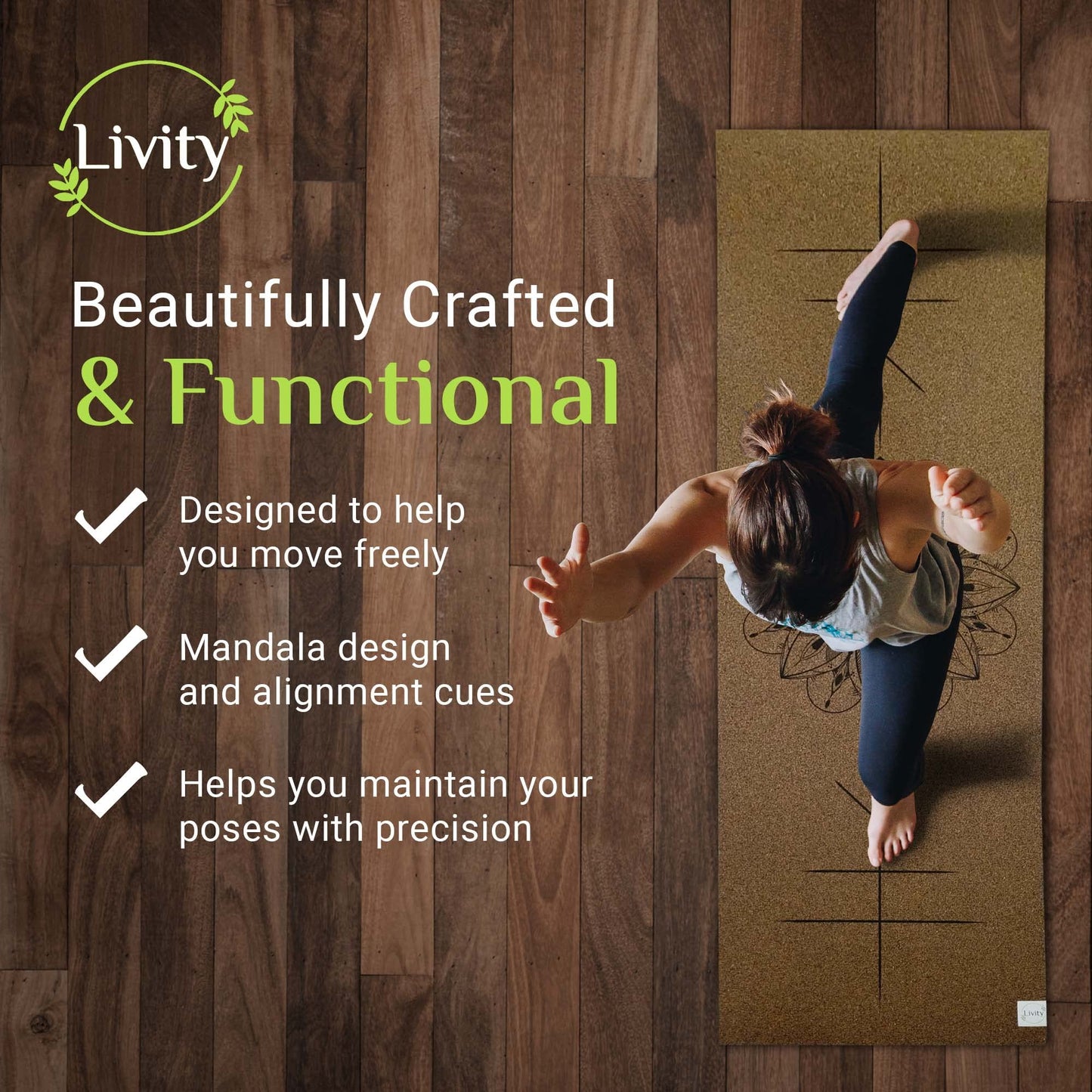 Livity Yoga - Mandala Cork Yoga Mat, Durable & Non-Slip Workout Mat, Cork Exercise Mat with Beautiful Mandala Design & Alignment Points, 74 x 24 x 0.2 inches