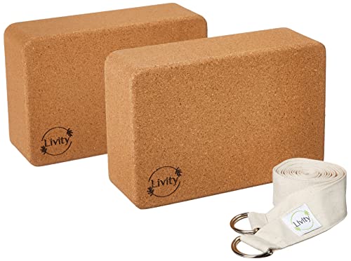 Livity Yoga - 2 Set of Renewable Cork Yoga Blocks & Cotton Yoga Strap for Beginners Men & Women- High Density Workout Bricks Accessories Ideal for General Fitness, Pilates, Meditation, Stretching