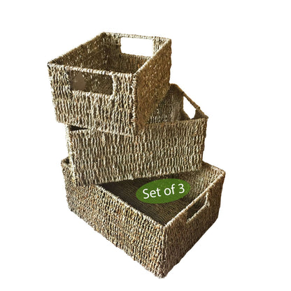 Wicker Storage Baskets With Handles (Set 3) | Shelving Bin Closet Organizer