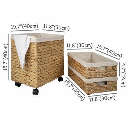 Woven Wicker Storage Baskets with Wheels | Decorative Baskets for Shelves (Set 3)