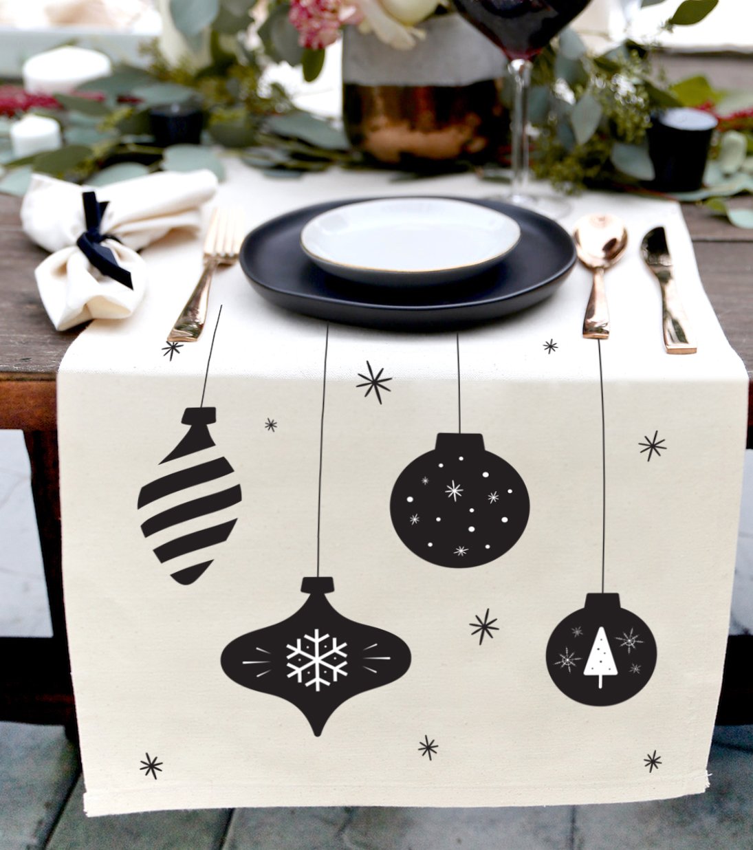 Christmas Ornaments Cotton Canvas Table Runner