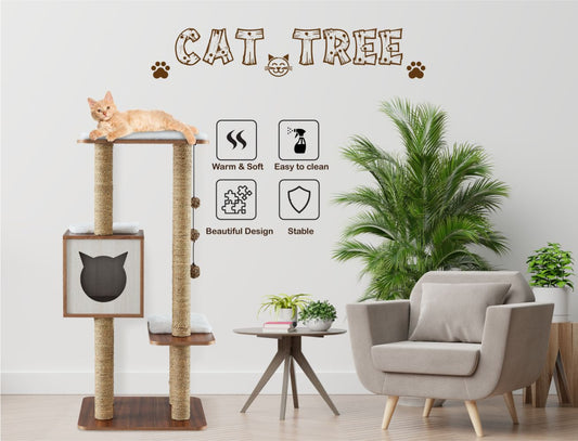 Elegant Wooden Modern Cat Tree Cat Condo Multi-Level Towers Cat Activity Tower with Scratching Posts, with Removable and Washable Mats (High Tower)